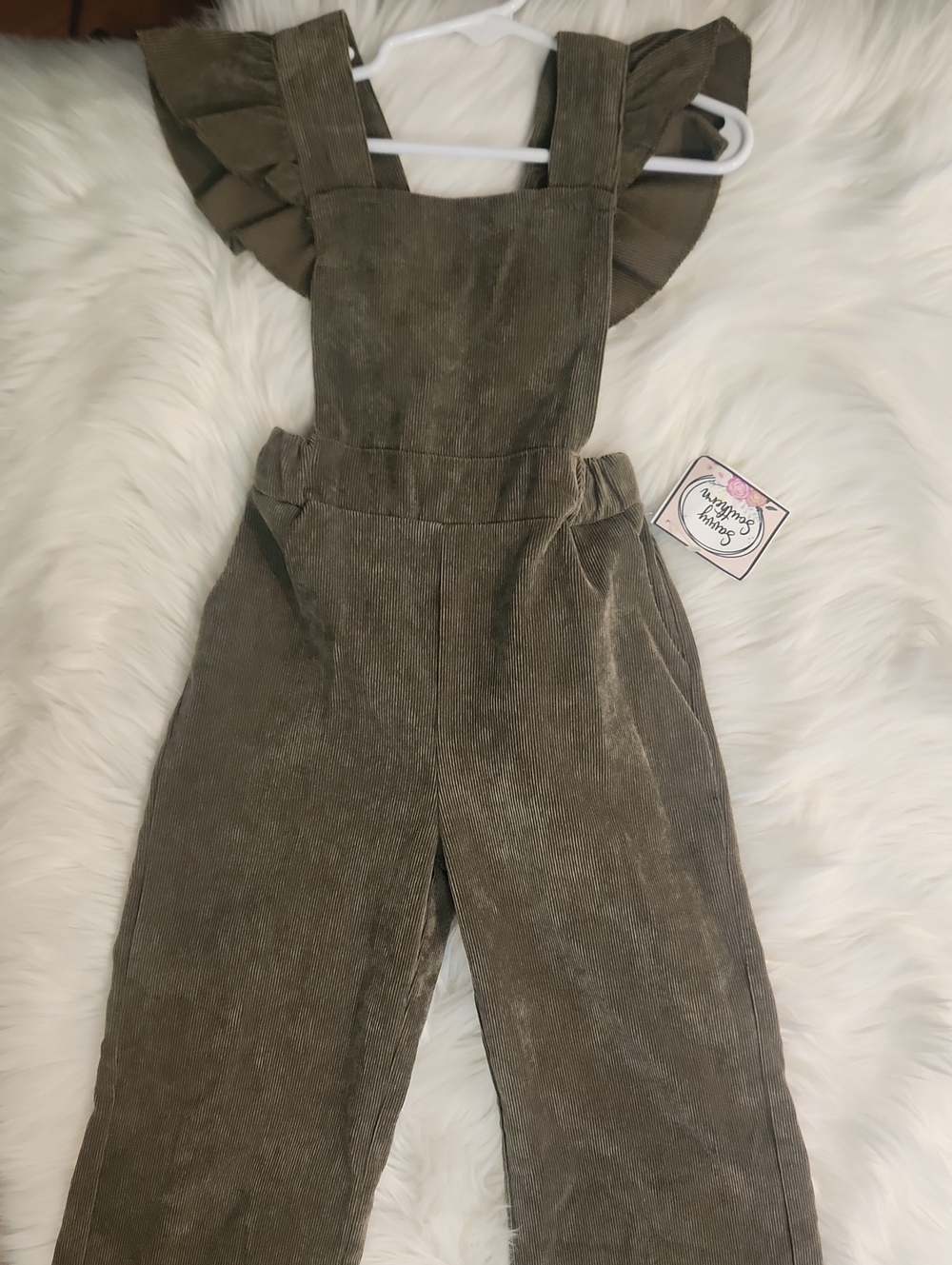 Corduroy Ruffle Strap Jumpsuit -  Olive Green - Girls Size: 5-6